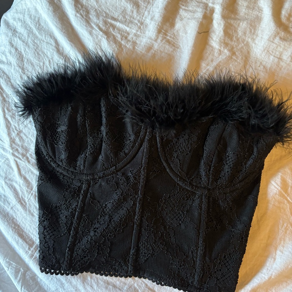 Black Lace Bustier with Faux Fur Trim